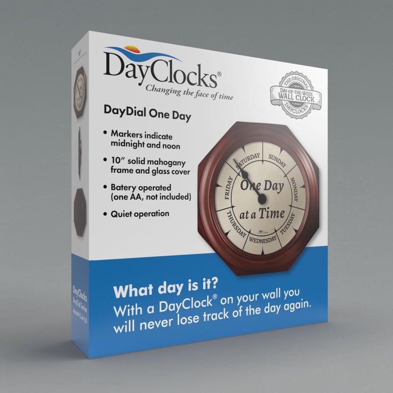 DayClocks Classic Week-Day Wall Clock with Solid Wood-Octagonal Frame â€“ Noon & Midnight Markers â€“ Quiet Wall Mounted Clock - Ideal Retirement Gift for Men & Women, Mahogany, One Day at a Time, 10" - Image 3